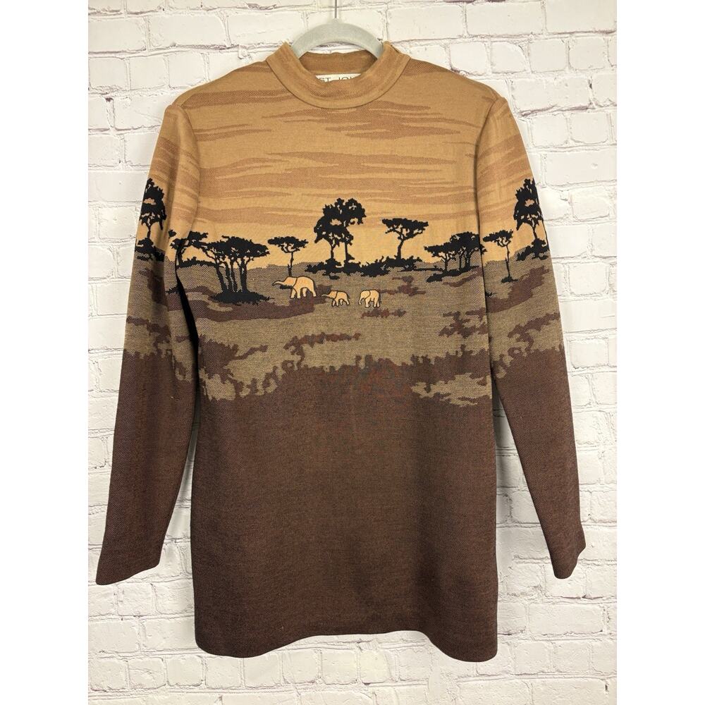 St. John Collection by Marie Gray Brown Elephant Safari Print Knit Sweater